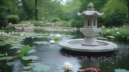 Serene Stone Lantern In A Tranquil Lotus Pond