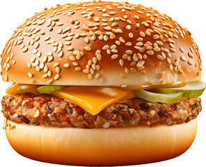 Hamburger or burger with sesame, cutlet and cheese and cucumber on transparent background, png