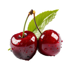 Cherry or sweet cherry berry isolated on transparent background, with leaf, png