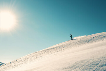enthusiastic woman skiing downhill, snowy mountain landscape