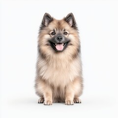 Obraz premium A cheerful and fluffy Keeshond dog sitting happily with a bright expression. Perfect for pet lovers and animal enthusiasts.