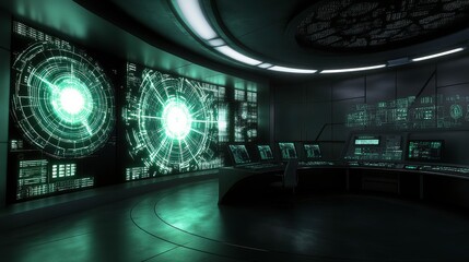 Modern Control Room with Monitoring Screens and Visuals