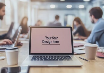 A laptop displaying a design template in a collaborative workspace with people in the background.