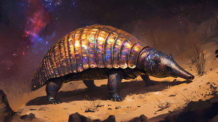 Fototapeta premium Auroral armadillo an armadillo in a desert its shell reflecting. Auroral. Illustration
