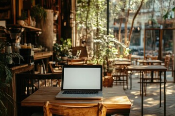 A laptop sits on a wooden table in a cozy caf? filled with plants and natural light.