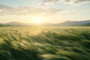 A field of green grass swaying in the breeze with the sun setting behind distant mountains with copy space 