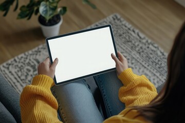 A person holding a tablet with a blank screen, seated comfortably in a cozy environment.