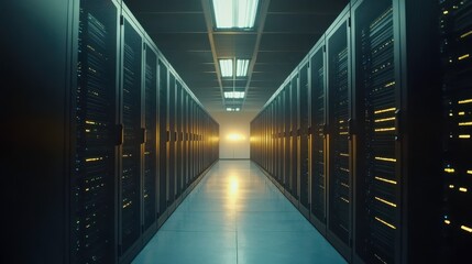 Fototapeta premium Modern Server Room with Soft Lighting and Data Environment