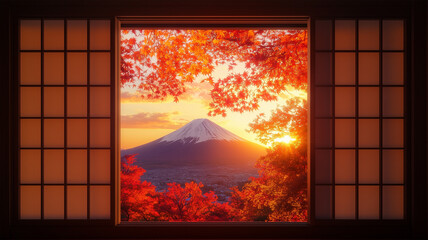 秋の夕暮れに染まる紅葉の山を映す小窓の風景