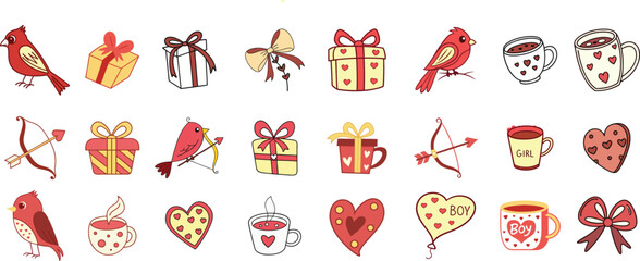 Love post office. Many various romantic objects. Saint Valentine's day big vector set. Colored retro trendy illustration.