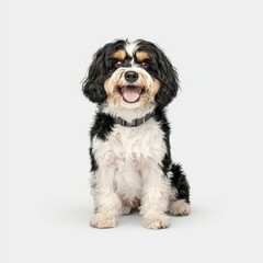 A cheerful black and white Portuguese Water dog sits happily, showcasing its fluffy coat and engaging smile in a simple, neutral background.