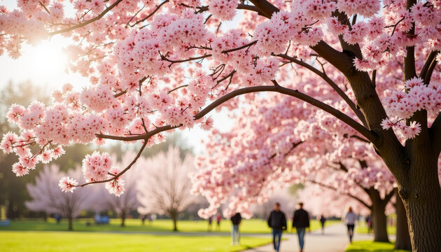 Cherry blossoms bloom in spring park as people stroll along the pathway enjoying the vibrant flowers and fresh air - Powered by Adobe