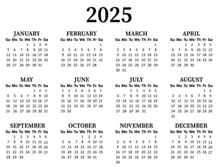 Calendar 2025, week start Sunday corporate design template vector illustration