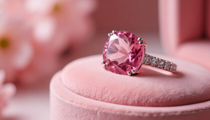 Stunning pink gemstone ring displayed on a soft velvet cushion in a delicate floral setting