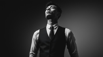 シンプル背景でベスト姿が映える花婿のスタジオポートレート