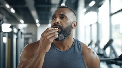 Athletic man eating energy snack in gym for fitness motivation and health