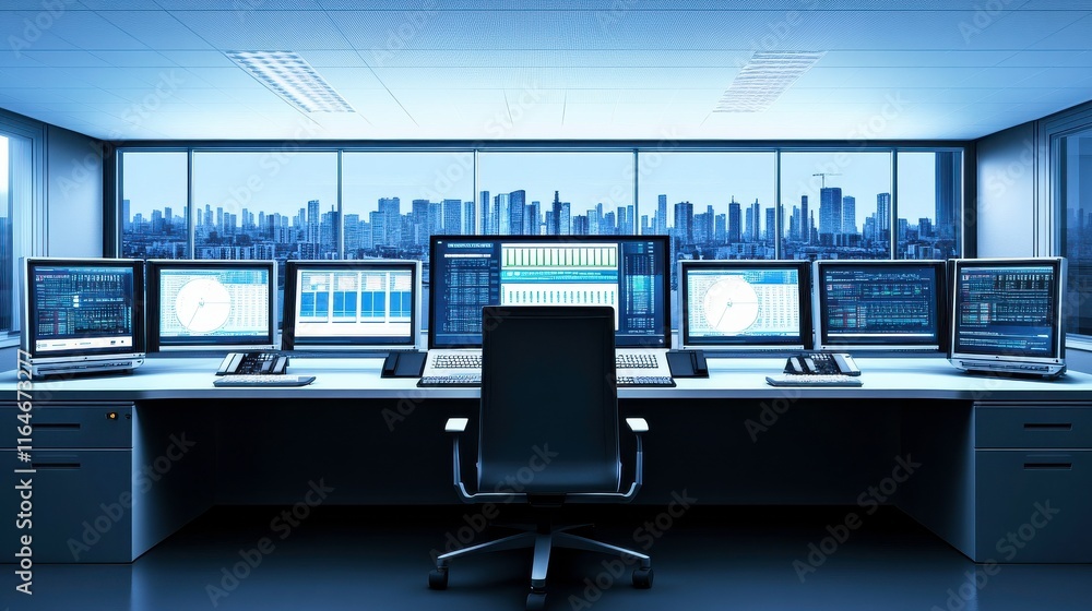 Poster remote monitoring control room with advanced graphics
