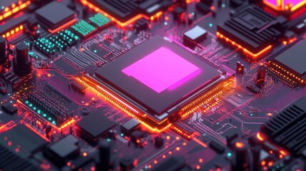 Fototapeta premium Radiant Quantum Computing Chip Visuals in Tech Room