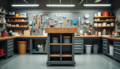 Well-organized workshop with tools, equipment, and a central workstation in a modern setting