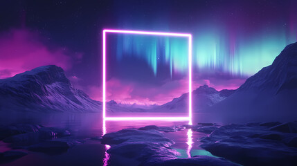 3d render, abstract background with aurora borealis. northern lights in polar night sky above the mystical landscape. natural phenomenon and neon glowing square frame. Auroral. Illustration