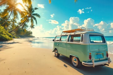 Retro van along idyllic tropical beach