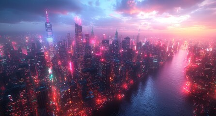 Neon-lit skyline of a bustling sci-fi anime city with a digital vibe