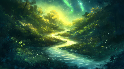 Fototapeta premium A river winds its way through the forest illuminated by an auroral glow, mystical ambiance, winding river, ethereal landscape. Auroral. Illustration