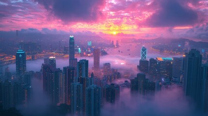 Fototapeta premium Glowing Cityscape Horizon: Far-off view of a city skyline bathed in neon lights, with light mist and neon colors reflecting on clouds, giving off a serene futuristic feel