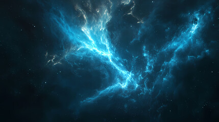 A thunderous electric blue lightning bolt cracks through the darkness, its intense energy illuminating the blackness. Auroral. Illustration