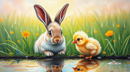 Cute bunny and chick in a meadow with flowers, spring rain, cheerful and friendly mood