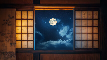 Fototapeta premium 和室の木枠窓越しに広がる満月と星空の風景