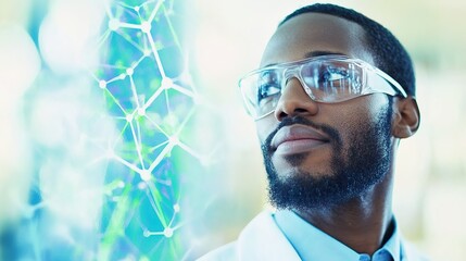 African male scientist analyzing data with advanced technology interface