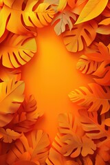 Fototapeta premium Orange Tropical Leaves Frame Wallpaper, Modern Botanical Border Wallpaper, Design for Nature-Themed Art and Stylish Backdrops, Copy Space for Text