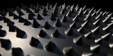 Obraz premium Macro image of a solid glossy black surface with numerous spikes standing up. Front view.