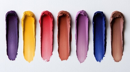 A vibrant palette of paint swatches in various colors smeared on a white background, showcasing artistic potential and creativity.