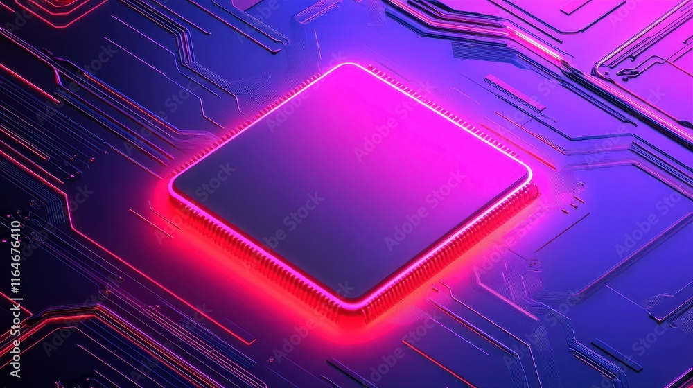 Poster vibrant microchip visuals on colorful circuit background