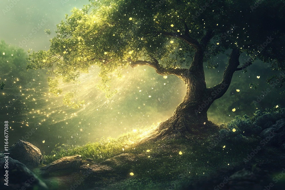Poster enchanting glowing tree in a mystical forest setting