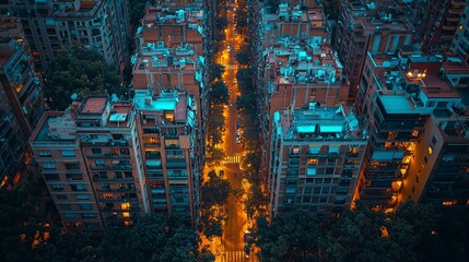 Obraz premium Night cityscape viewed from above in Barcelona, Spain, with a blend of yellow and purple lights. Innovative drone photography