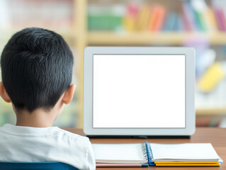 Child engaging in online learning at home with blank screen and notebooks on desk in a cozy environment