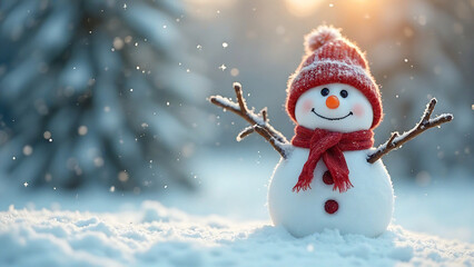 Cute snowman in a snowy landscape