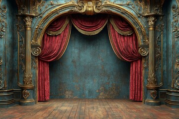 The stage of the ornate theater is adorned with luxurious crimson velvet curtains, ornamental golden tassels, and antique footlights that cast a warm glow. Intricate baroque designs embellish the