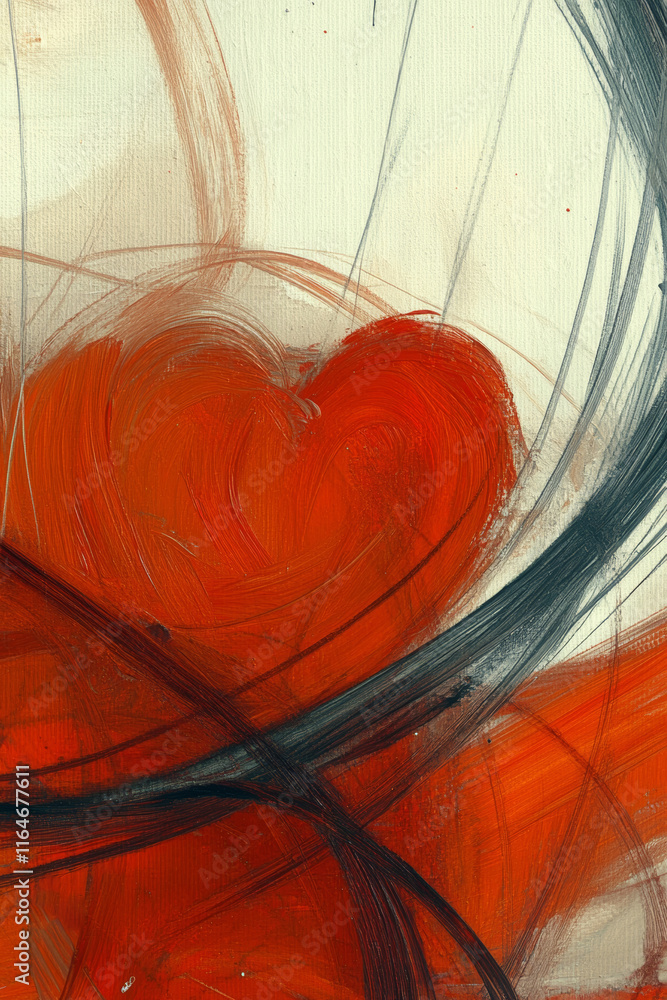Poster bold strokes create intertwined hearts in red and black expressing emotion and passion in abstract e