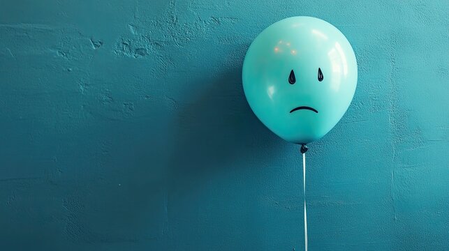 Blue Monday background. Blue balloon with sad face on grunge wall background