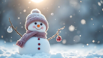 Cute snowman in a snowy landscape