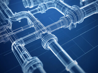 Detailed blueprint of industrial piping system showcasing complex connections and structures