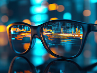 Glasses reflecting futuristic cityscape with glowing data visualizations at night