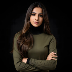 Fototapeta premium A beautiful black woman with long brown hair. She wears a red turtleneck, and a pair of olive black skinny jeans. She crosses her arms. Black background.