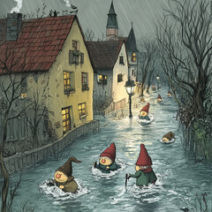 Fairytale gnomes in red cloaks make their way along the river. Than in the fairytale city. Wroclaw gnomes during the flood