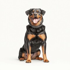 Obraz premium A cheerful Rottweiler sitting proudly, showcasing its strength and friendly demeanor in a clean background.