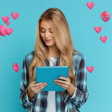 Video of Young woman reading a blue tablet with pink hearts and blue background.